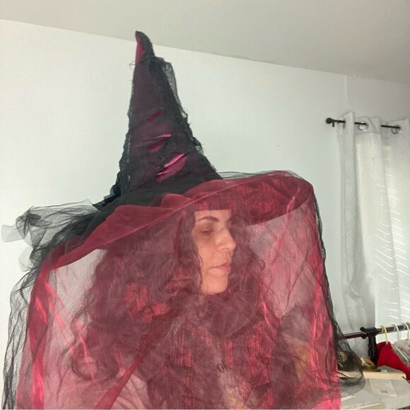 Halloween Red Black Mesh Witchy Hat Black Roses  Whimsigoth Grunge Cosplay OS - Picture 1 of 10
